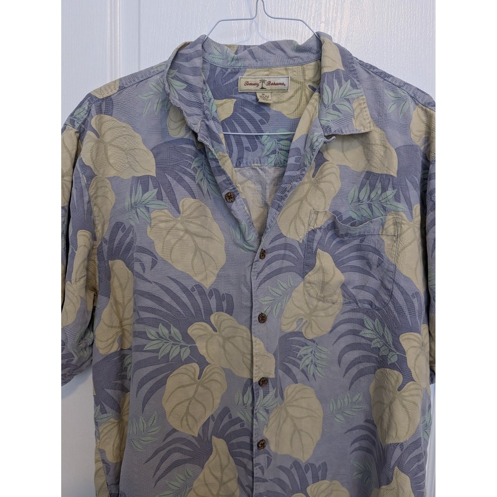 Tommy Bahama Mens XL 100% Silk Tropical Leaf Print Short Sleeve Camp Shirt Blue - Picture 2 of 6